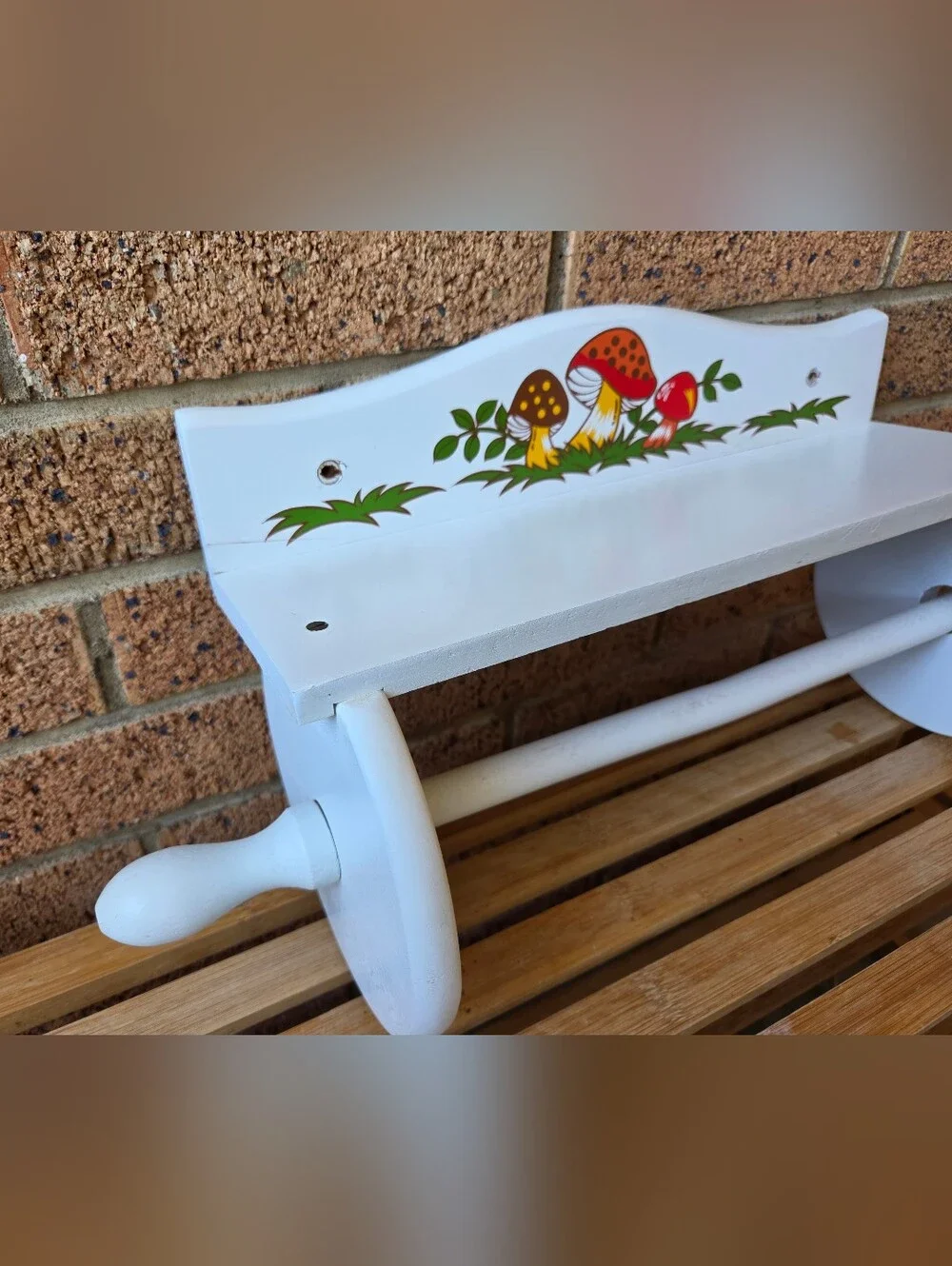 Vtg 1976 Sears Merry Mushroom Wooden Paper Towel Holder Wall Shelf Cottagecore